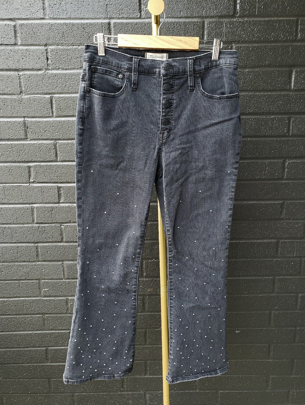 Madewell Cali Demi Boot Jeans Scattered Metallic Dots Black Button Fly Flare 8